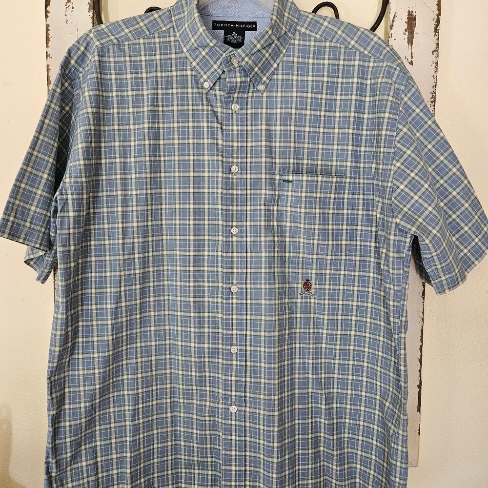 Tommy Hilfiger Blue Multi Plaid Short Sleeve Button Down Casual Shirt Size XL